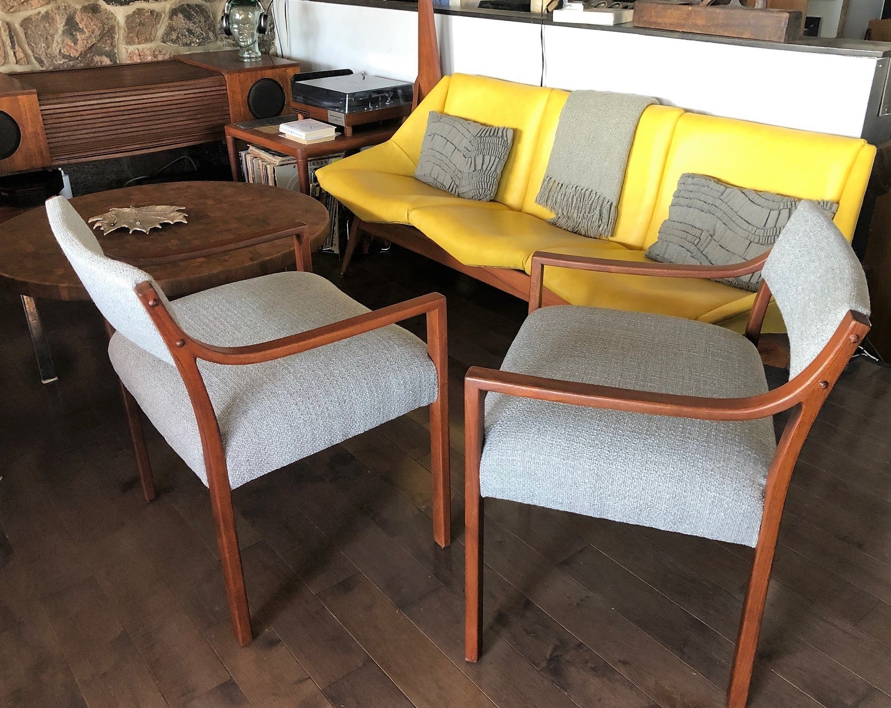 A Pair of REFINISHED REUPHOLSTERED low-slung Walnut Armchairs, each $399, like new - Mid Century Modern Toronto