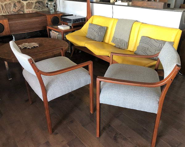 A Pair of REFINISHED REUPHOLSTERED low-slung Walnut Armchairs, each $399, like new - Mid Century Modern Toronto