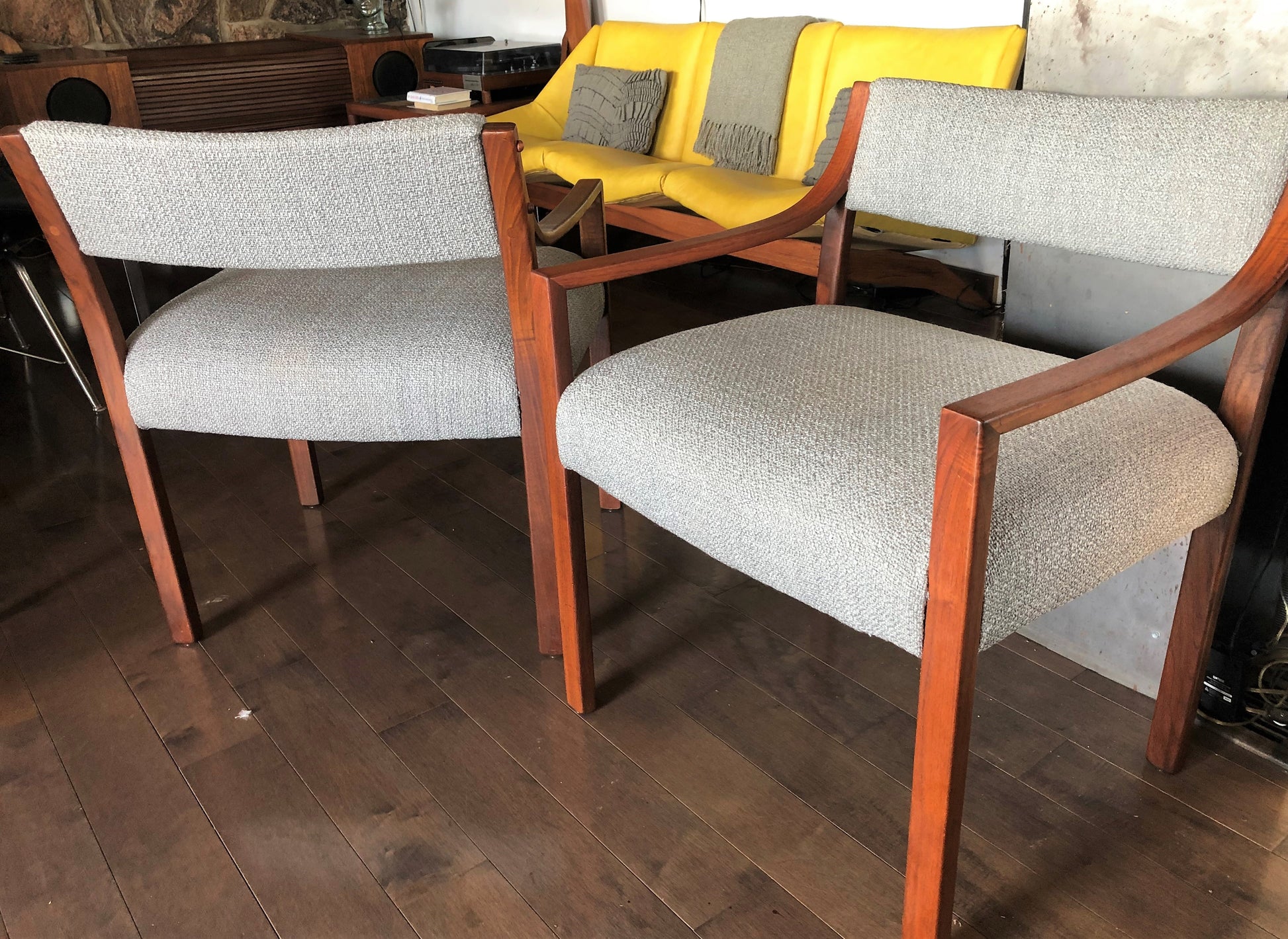A Pair of REFINISHED REUPHOLSTERED low-slung Walnut Armchairs, each $399, like new - Mid Century Modern Toronto