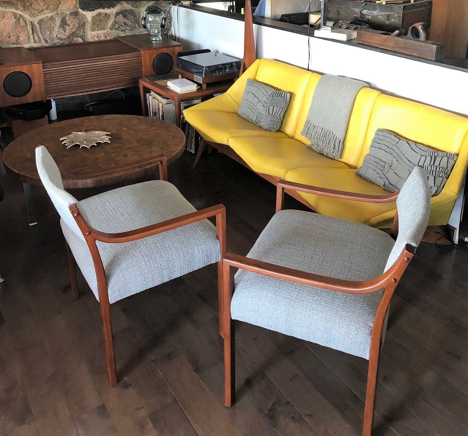 A Pair of REFINISHED REUPHOLSTERED low-slung Walnut Armchairs, each $399, like new - Mid Century Modern Toronto
