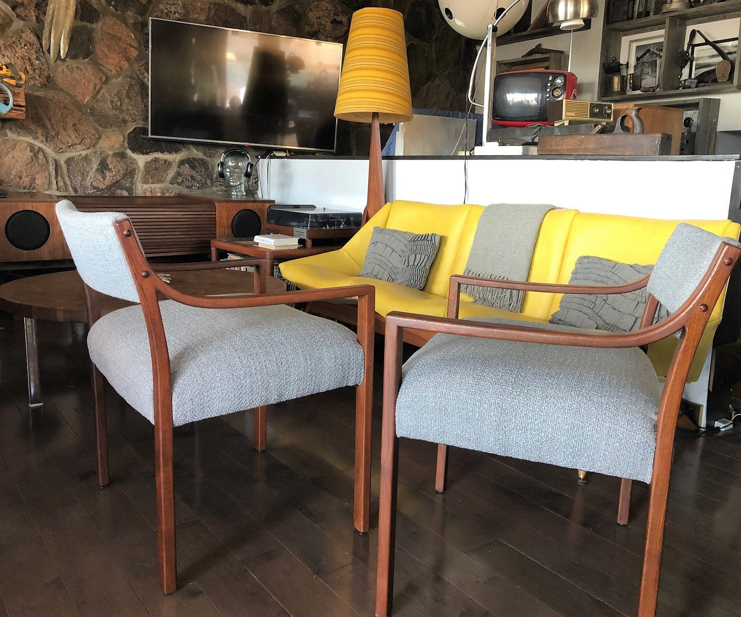 A Pair of REFINISHED REUPHOLSTERED low-slung Walnut Armchairs, each $399, like new - Mid Century Modern Toronto