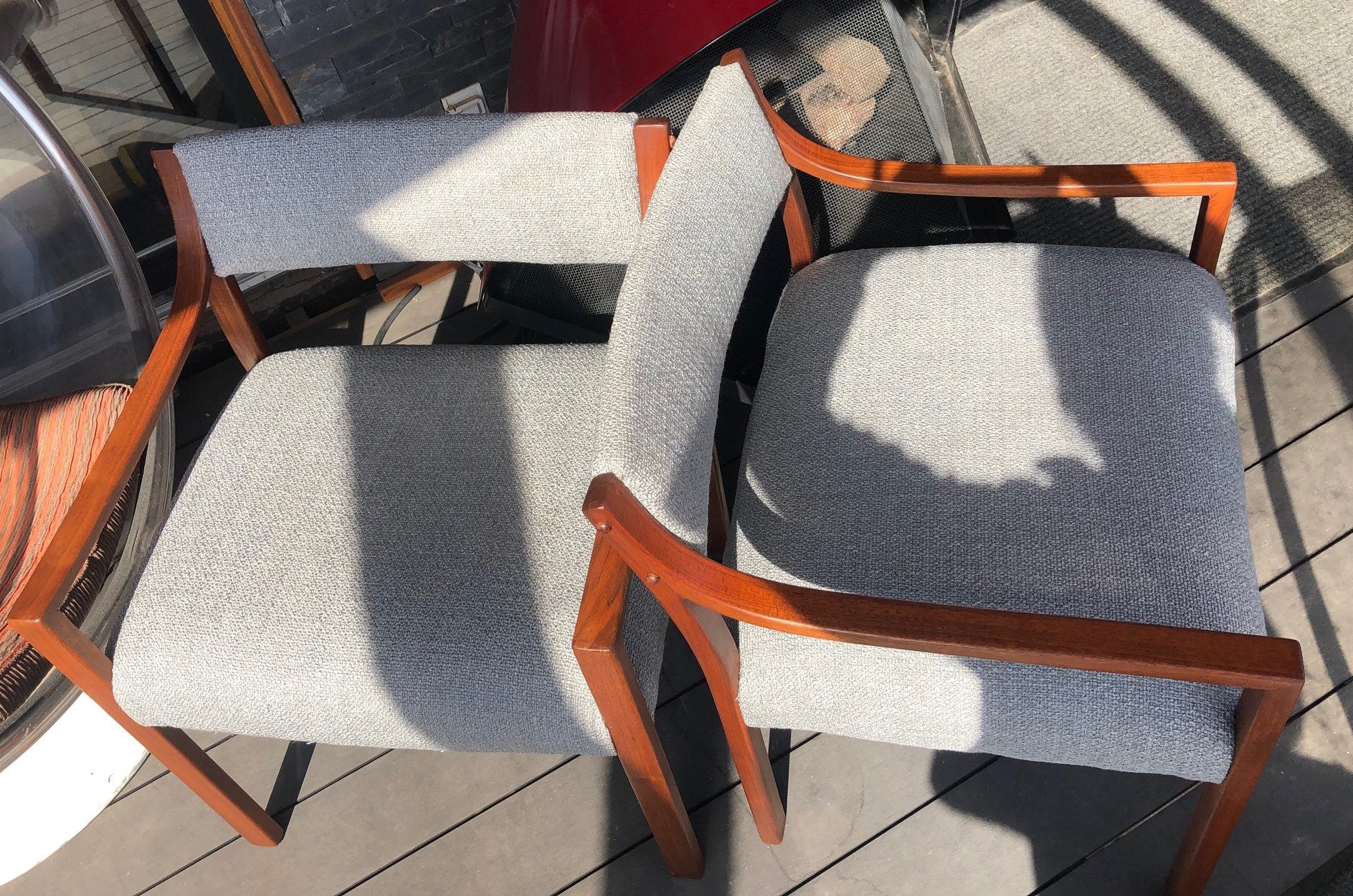A Pair of REFINISHED REUPHOLSTERED low-slung Walnut Armchairs, each $399, like new - Mid Century Modern Toronto