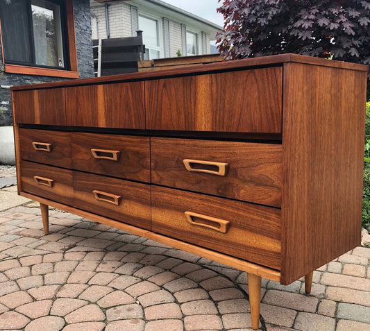 REFINISHED MCM Walnut Dresser 9 drawers 66" -PERFECT - Mid Century Modern Toronto