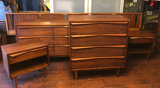 REFINISHED MCM Walnut long dresser, tallboy, 2 night stands & Queen/King headboard PERFECT - Mid Century Modern Toronto