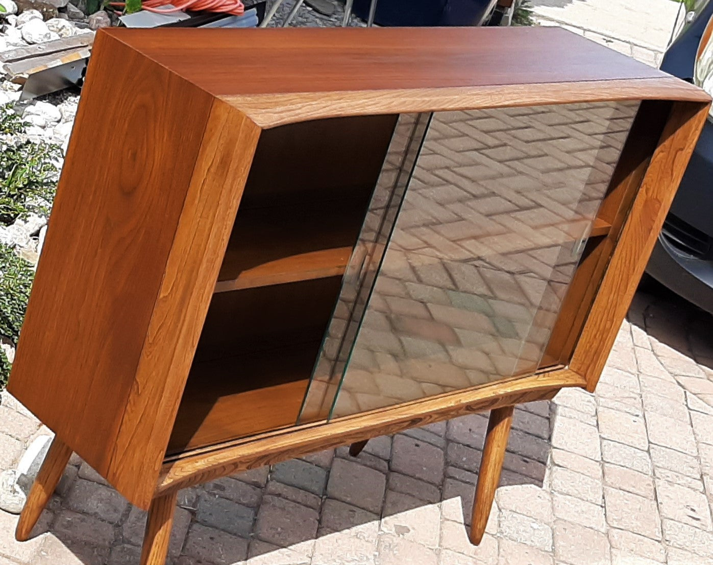 REFINISHED MCM Walnut Ash Display Bookcase China Cabinet with glass doors 48" PERFECT - Mid Century Modern Toronto