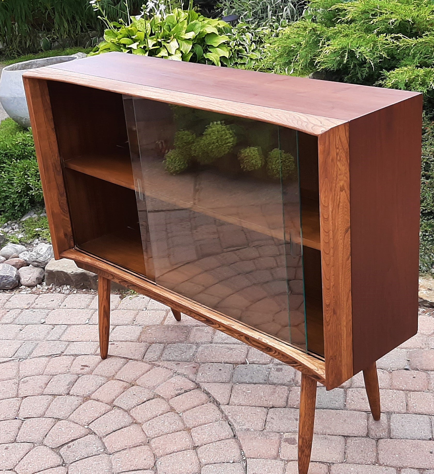 REFINISHED MCM Walnut Ash Display Bookcase China Cabinet with glass doors 48" PERFECT - Mid Century Modern Toronto