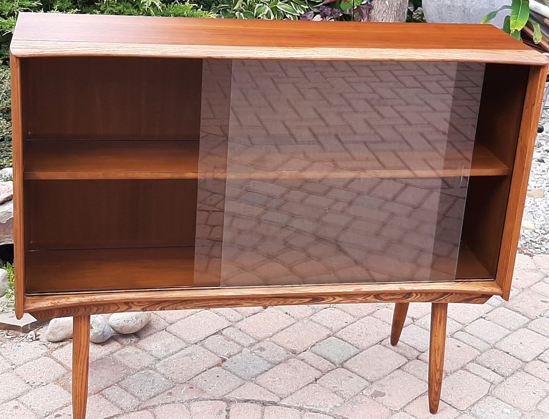 REFINISHED MCM Walnut Ash Display Bookcase China Cabinet with glass doors 48" PERFECT - Mid Century Modern Toronto
