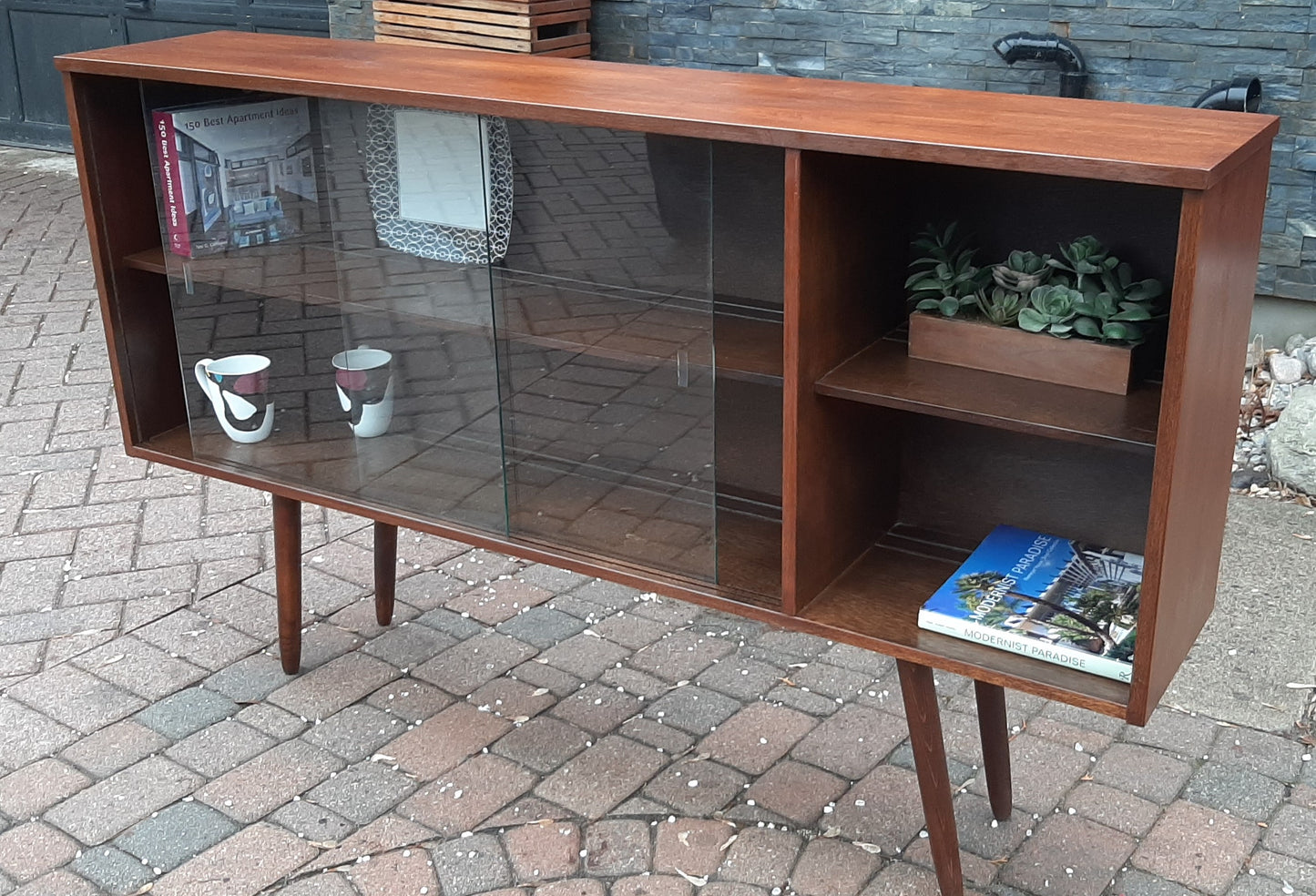 REFINISHED MCM Walnut Display Bookcase 5ft PERFECT - Mid Century Modern Toronto