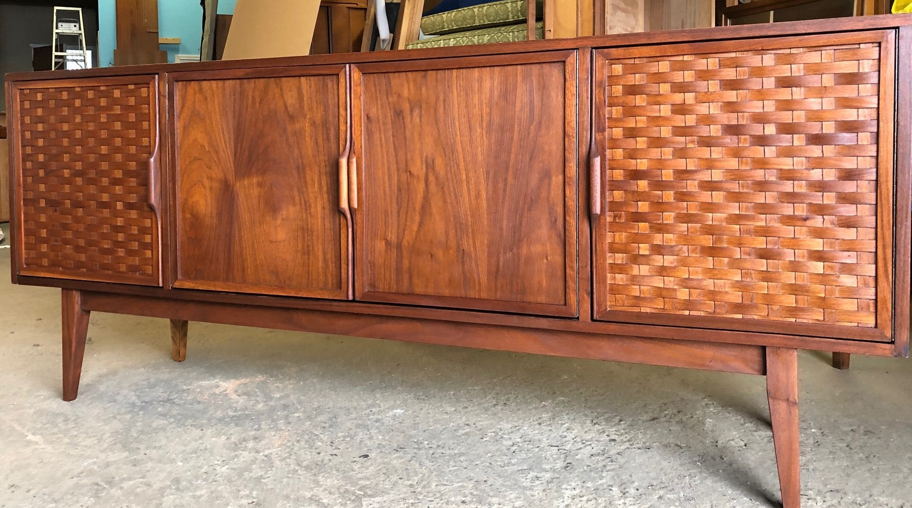 REFINISHED MCM Walnut Credenza with woven front PERFECT, 6ft - Mid Century Modern Toronto