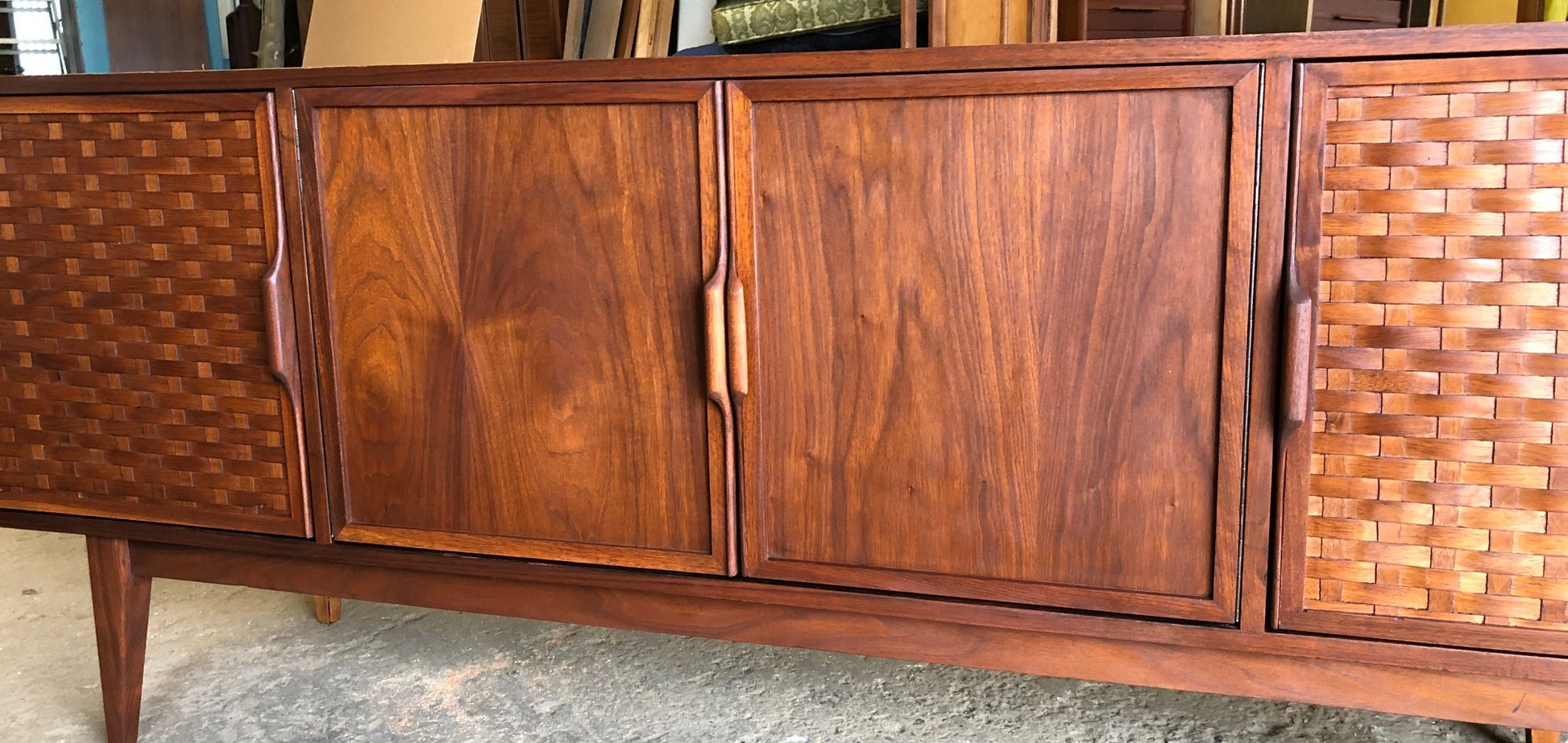 REFINISHED MCM Walnut Credenza with woven front PERFECT, 6ft - Mid Century Modern Toronto