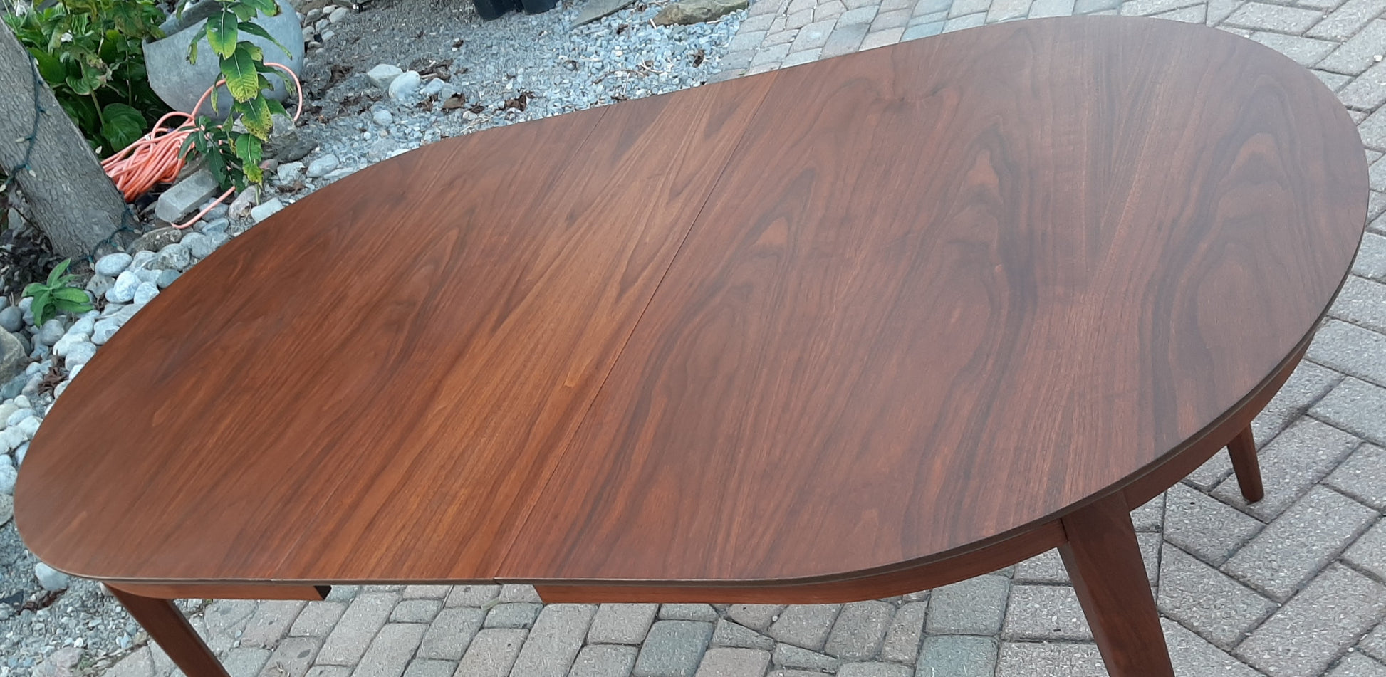 REFINISHED MCM Walnut Table Extendable Oval w 3 leaves PERFECT 60.5"- 95", treated for durability - Mid Century Modern Toronto