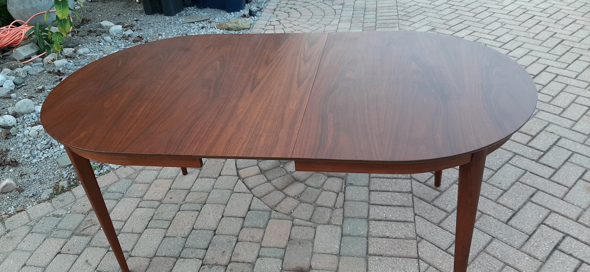 REFINISHED MCM Walnut Table Extendable Oval w 3 leaves PERFECT 60.5"- 95", treated for durability - Mid Century Modern Toronto