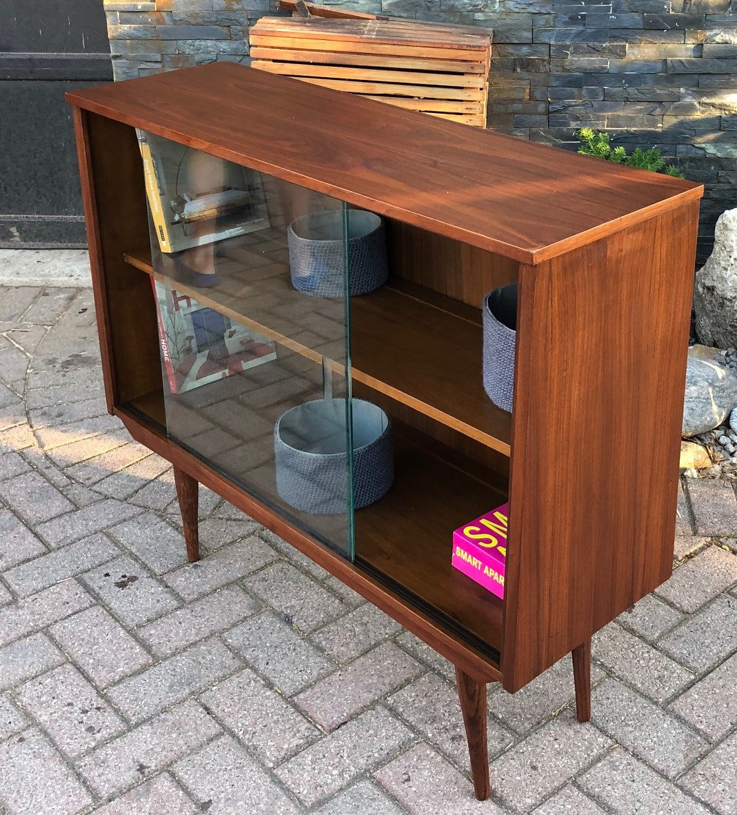 REFINISHED MCM Walnut Display Bookcase China Cabinet with glass doors 41" PERFECT - Mid Century Modern Toronto