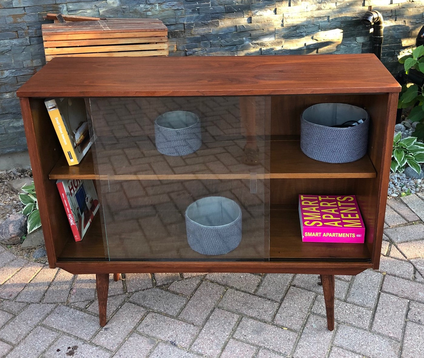 REFINISHED MCM Walnut Display Bookcase China Cabinet with glass doors 41" PERFECT - Mid Century Modern Toronto