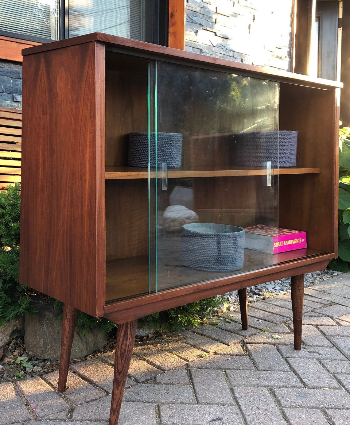 REFINISHED MCM Walnut Display Bookcase China Cabinet with glass doors 41" PERFECT - Mid Century Modern Toronto