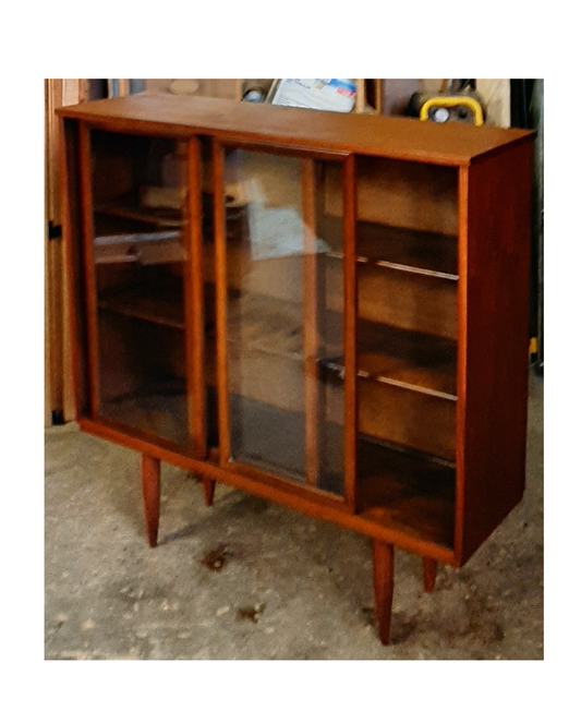 REFINISHED MCM Walnut Display Bookcase China Cabinet with sliding doors 48" PERFECT - Mid Century Modern Toronto
