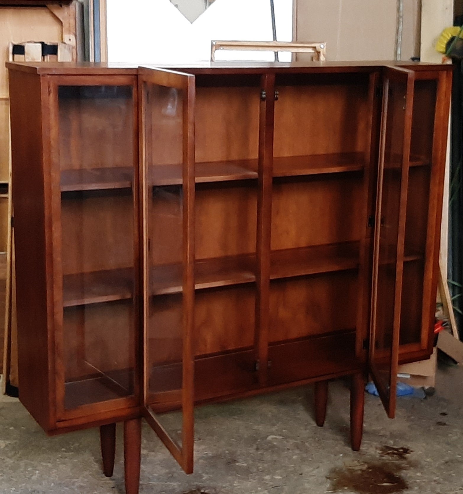 RESTORED Walnut MCM Bookcase Display 55" with framed glass doors - Mid Century Modern Toronto
