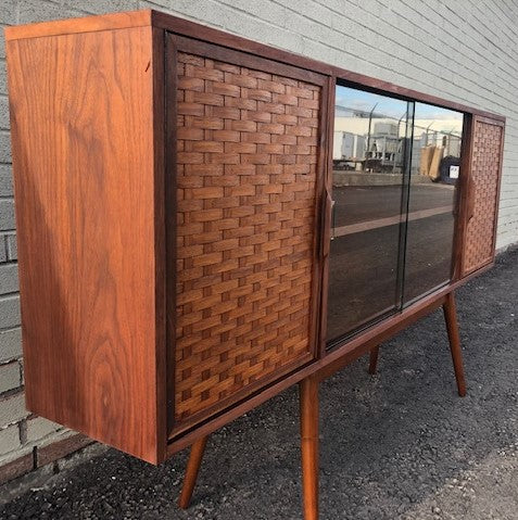 REFINISHED MCM Walnut Display w woven & glass doors 71" long & narrow, PERFECT - Mid Century Modern Toronto