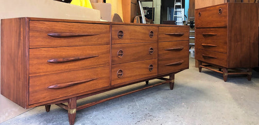 REFINISHED MCM  Walnut Dresser 9 Drawers 80” Perfect - Mid Century Modern Toronto