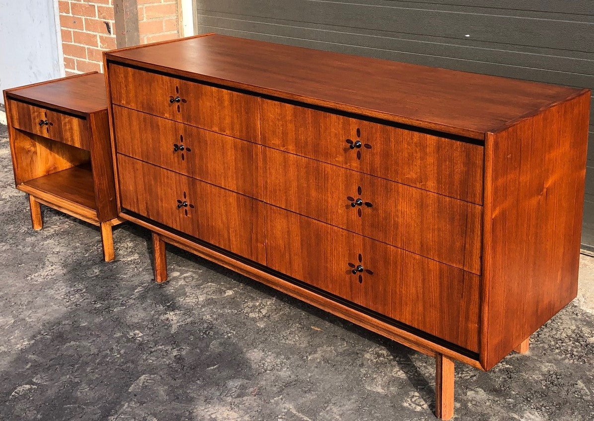 REFINISHED MCM Walnut Dresser 6 Drawers & Nightstand with rosewood inlay, perfect - Mid Century Modern Toronto