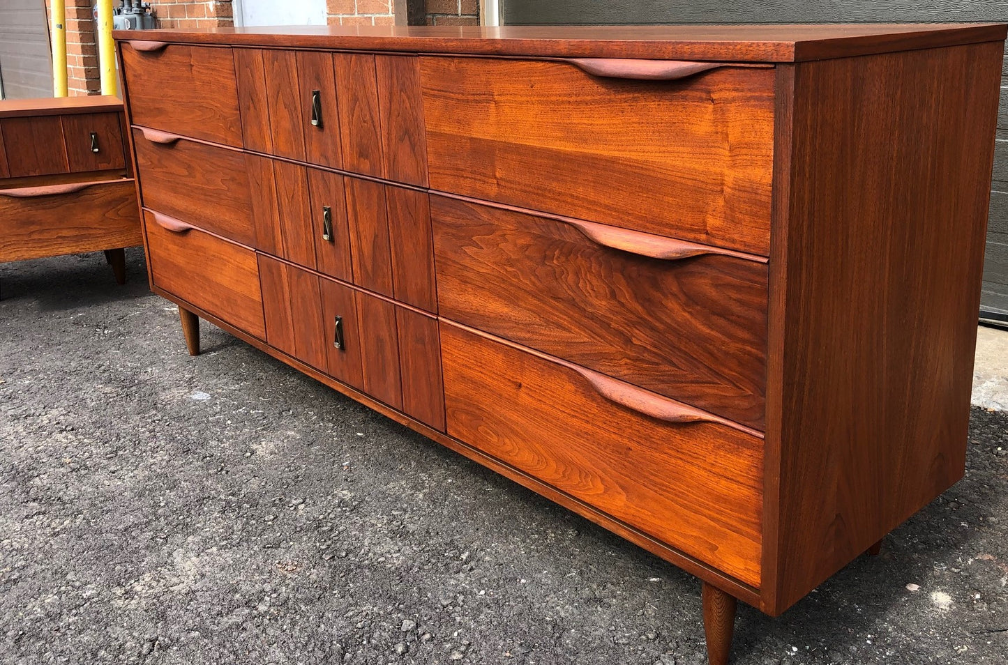 REFINISHED MCM  Walnut Dresser 9 Drawers 74.5” & 2 Nigh Stands- PERFECT - Mid Century Modern Toronto