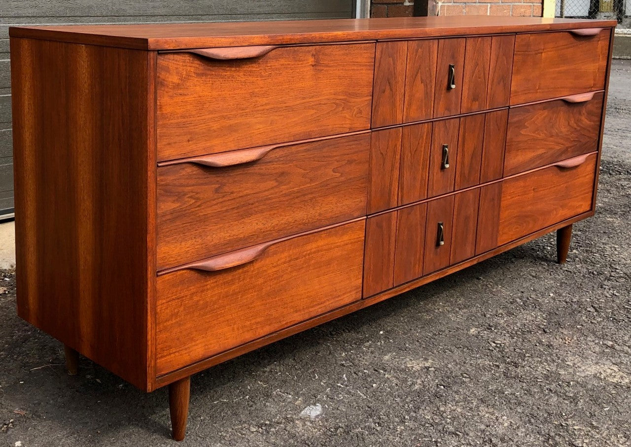 REFINISHED MCM  Walnut Dresser 9 Drawers 74.5” & 2 Nigh Stands- PERFECT - Mid Century Modern Toronto