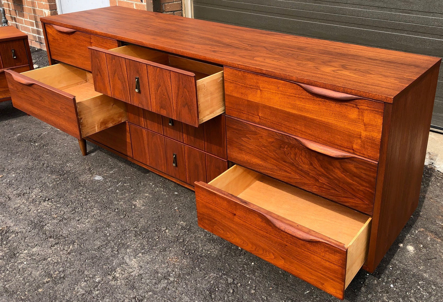 REFINISHED MCM  Walnut Dresser 9 Drawers 74.5” & 2 Nigh Stands- PERFECT - Mid Century Modern Toronto