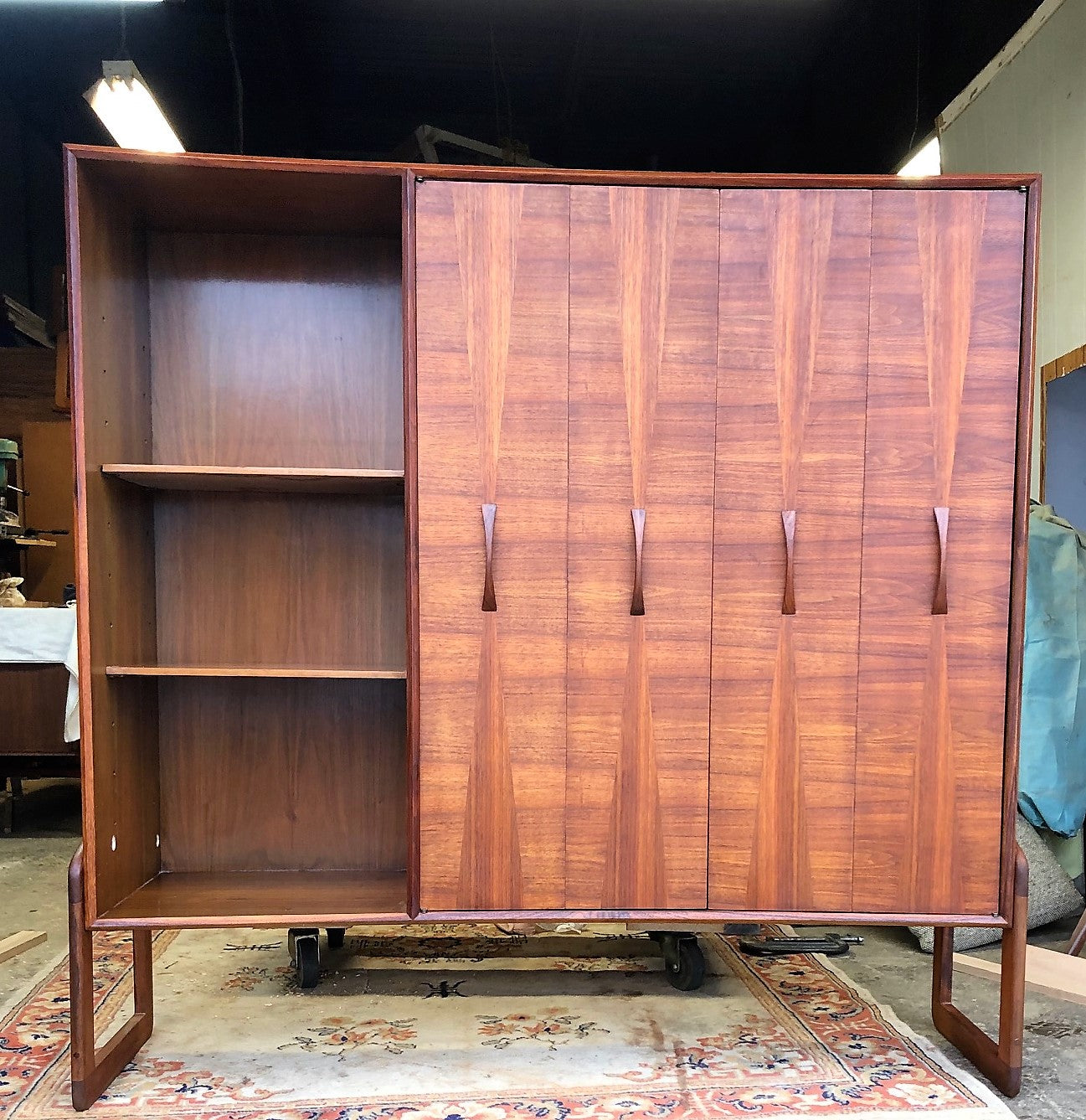 REFINISHED Unique Mid Century Modern Walnut Inlay Cabinet w Display  56", perfect - Mid Century Modern Toronto