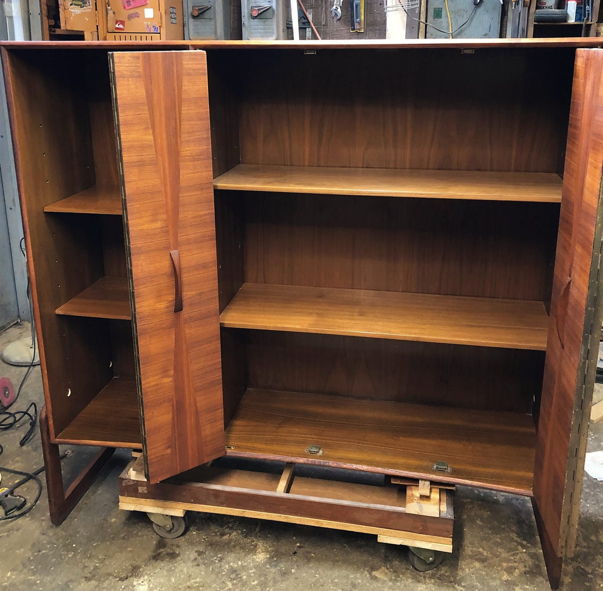 REFINISHED Unique Mid Century Modern Walnut Inlay Cabinet w Display  56