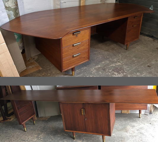 REFINISHED Large MCM Walnut Office Suite PERFECT (Desk Free-Standing & Office Console 98"/101") - Mid Century Modern Toronto
