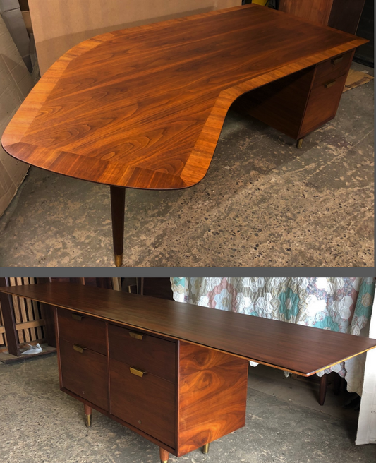 REFINISHED Large MCM Walnut Office Suite PERFECT (Desk Boomerang Shape & Office Console 83"/96") - Mid Century Modern Toronto