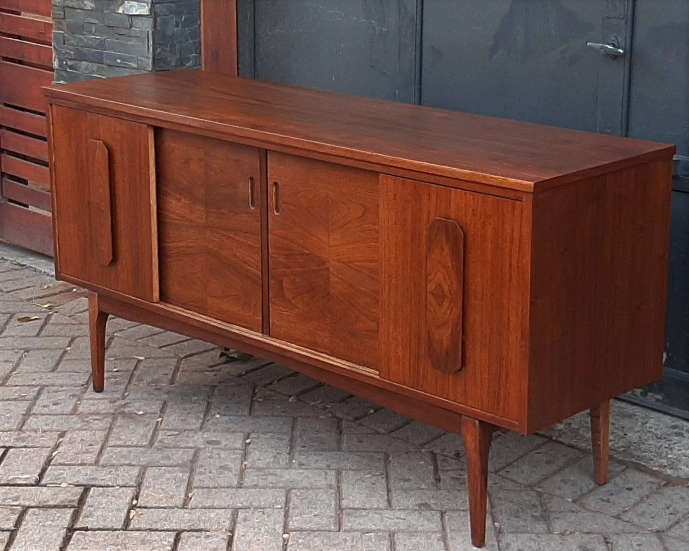 REFINISHED MCM Walnut Sideboard w 4 Sliding Doors 5 ft, PERFECT - Mid Century Modern Toronto