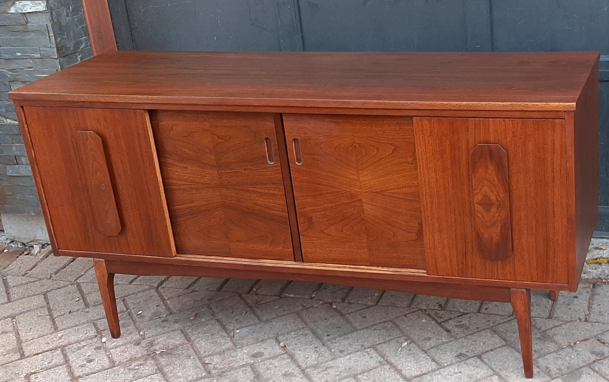 REFINISHED MCM Walnut Sideboard w 4 Sliding Doors 5 ft, PERFECT - Mid Century Modern Toronto