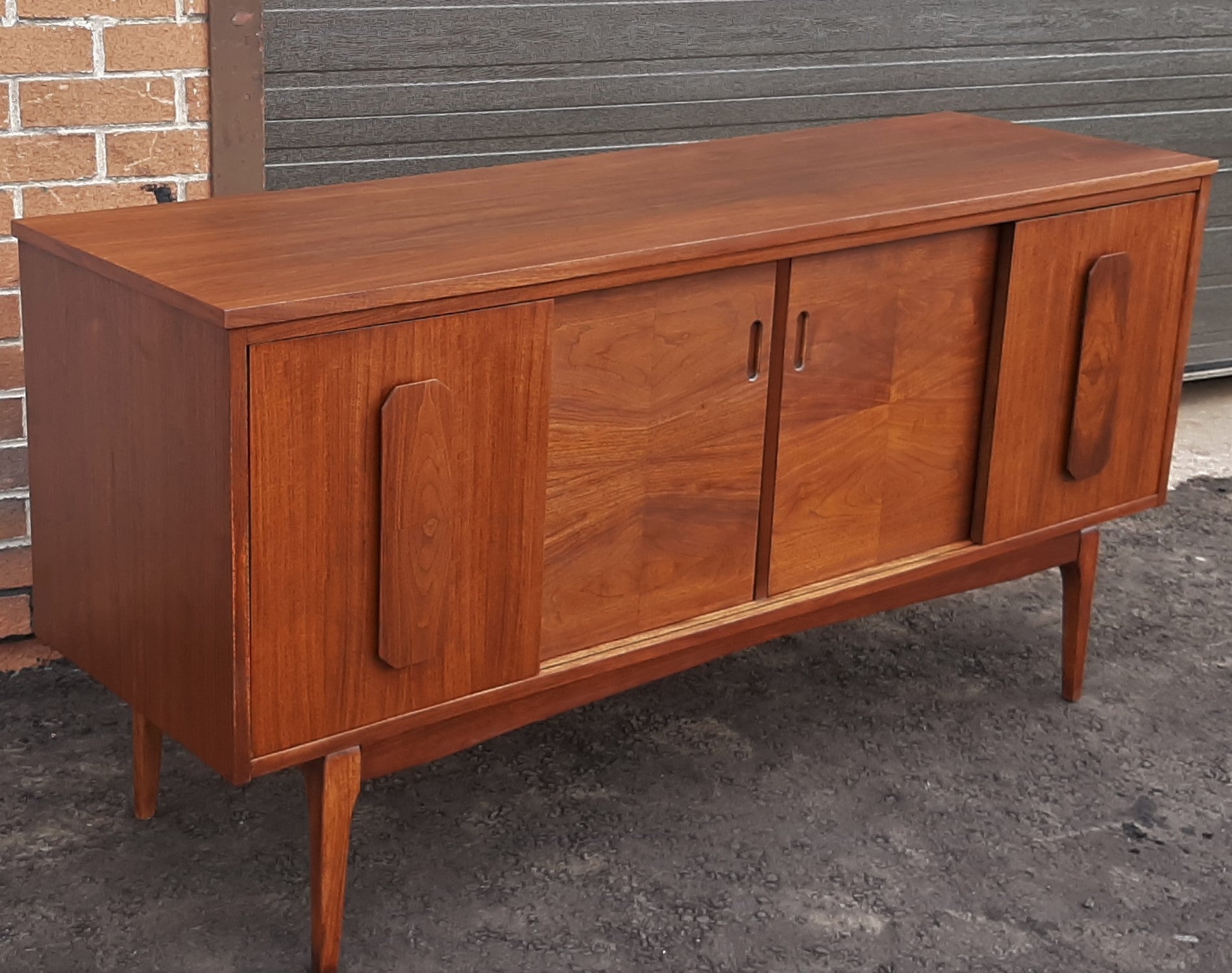 REFINISHED MCM Walnut Sideboard w 4 Sliding Doors 5 ft, PERFECT - Mid Century Modern Toronto
