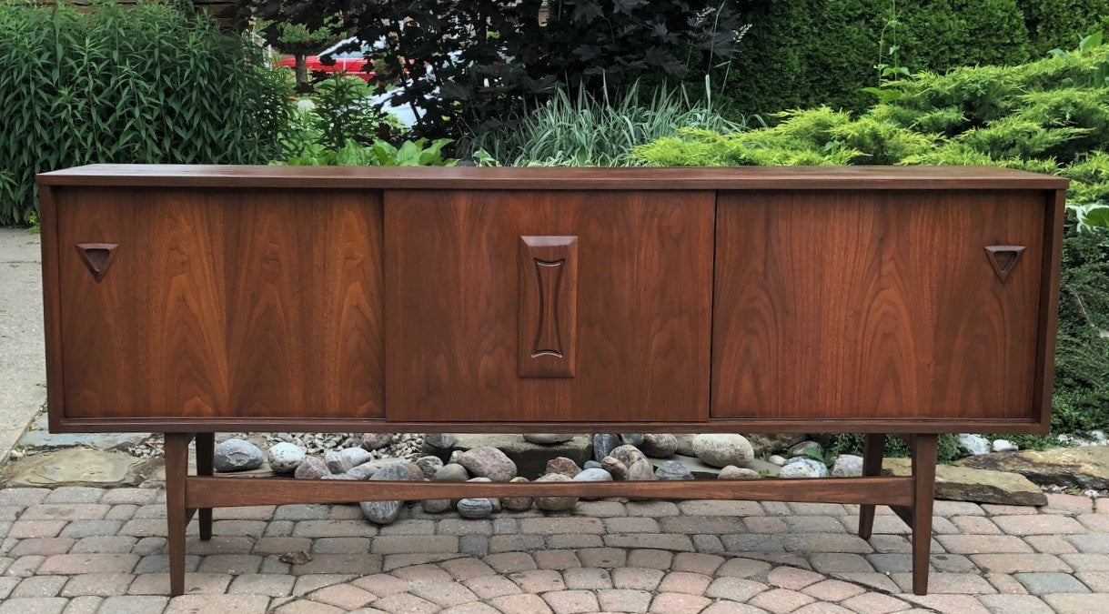 REFINISHED MCM Walnut Credenza w Sliding Doors Narrow 70”, PERFECT - Mid Century Modern Toronto