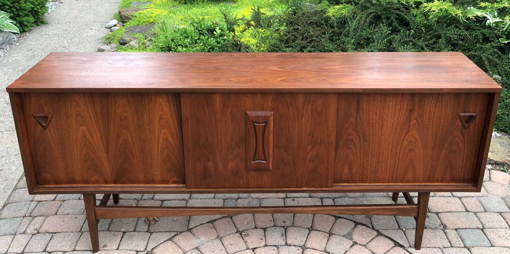 REFINISHED MCM Walnut Credenza w Sliding Doors Narrow 70”, PERFECT - Mid Century Modern Toronto
