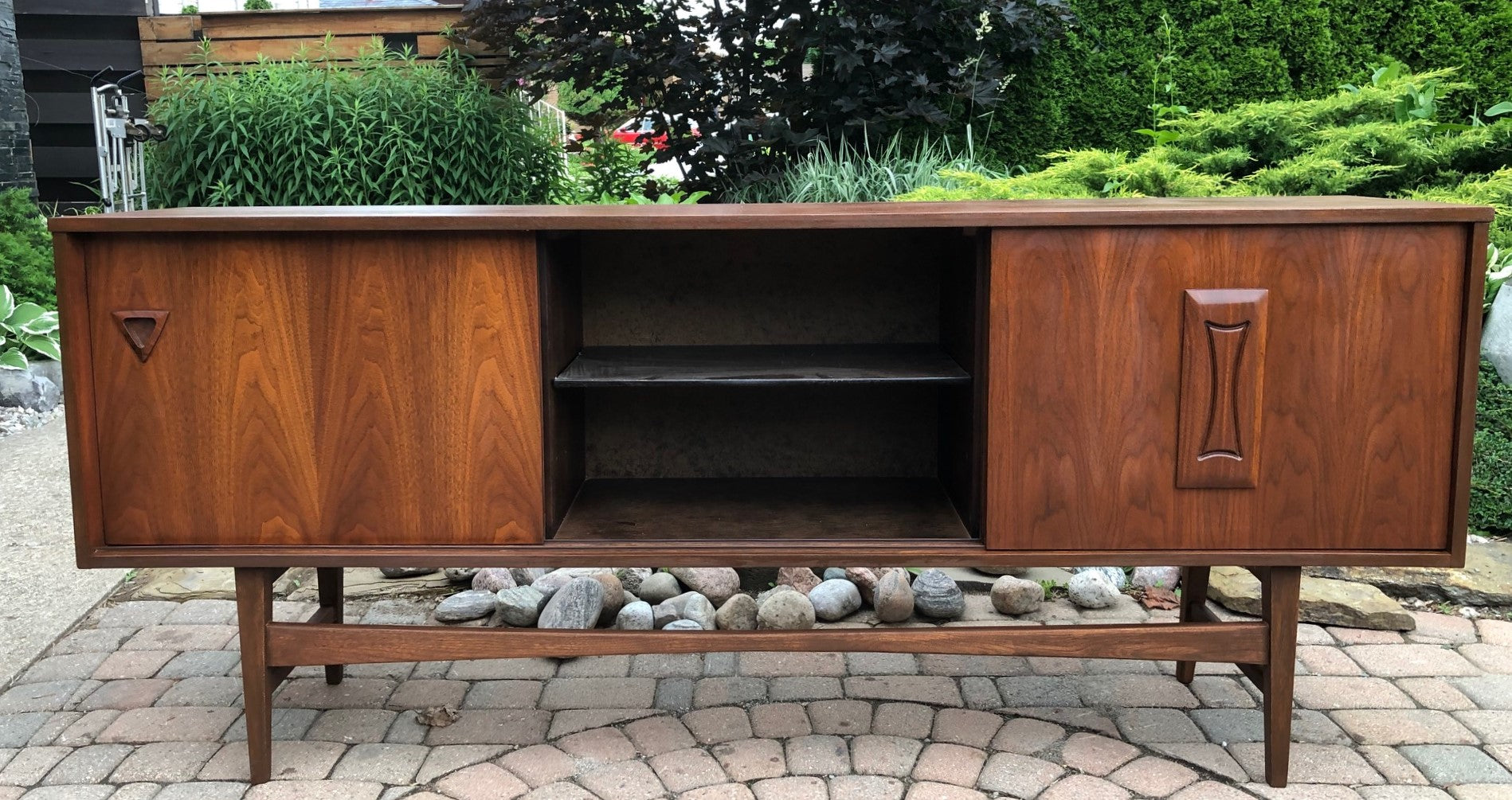 REFINISHED MCM Walnut Credenza w Sliding Doors Narrow 70”, PERFECT - Mid Century Modern Toronto