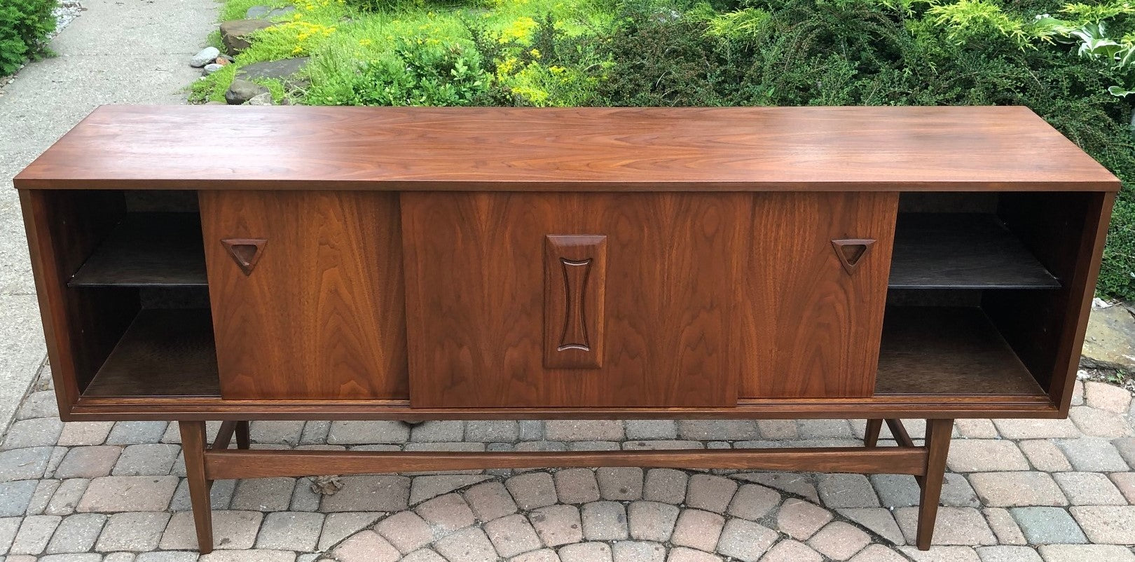 REFINISHED MCM Walnut Credenza w Sliding Doors Narrow 70”, PERFECT - Mid Century Modern Toronto