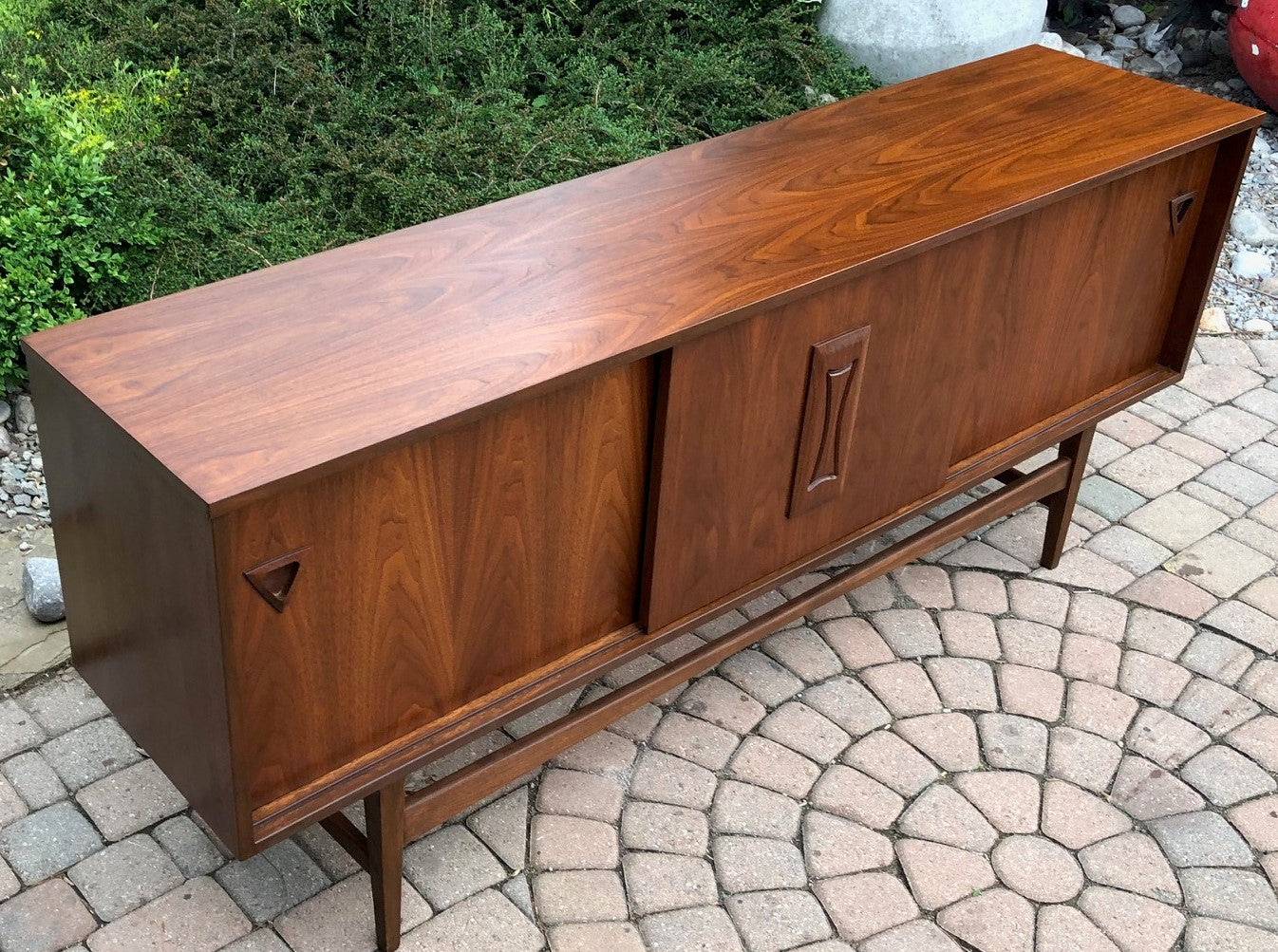 REFINISHED MCM Walnut Credenza w Sliding Doors Narrow 70”, PERFECT - Mid Century Modern Toronto