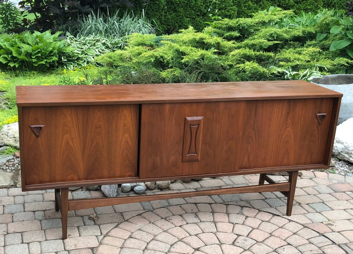 REFINISHED MCM Walnut Credenza w Sliding Doors Narrow 70”, PERFECT - Mid Century Modern Toronto