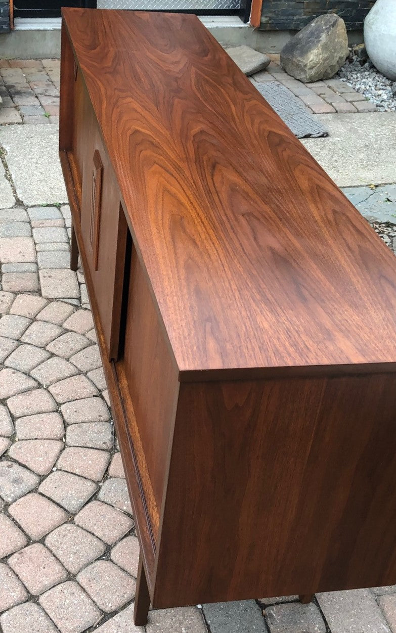 REFINISHED MCM Walnut Credenza w Sliding Doors Narrow 70”, PERFECT - Mid Century Modern Toronto