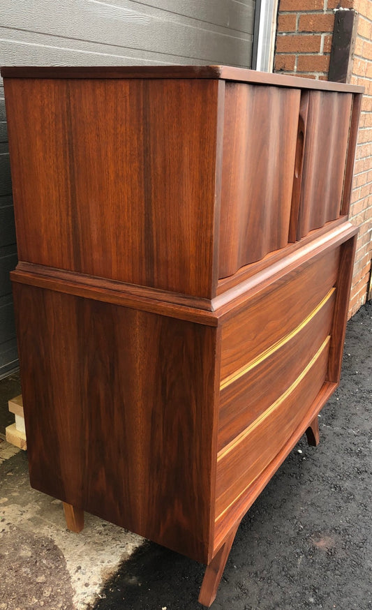 REFINISHED MCM  American Sculpted Walnut Tallboy Bureau  36” PERFECT - Mid Century Modern Toronto