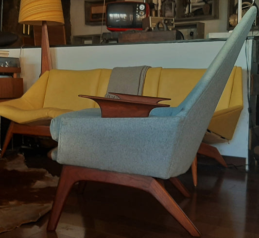 REFINISHED REUPHOLSTERED Adrian Pearsall style Lounge Chair in walnut & blue wool, perfect - Mid Century Modern Toronto