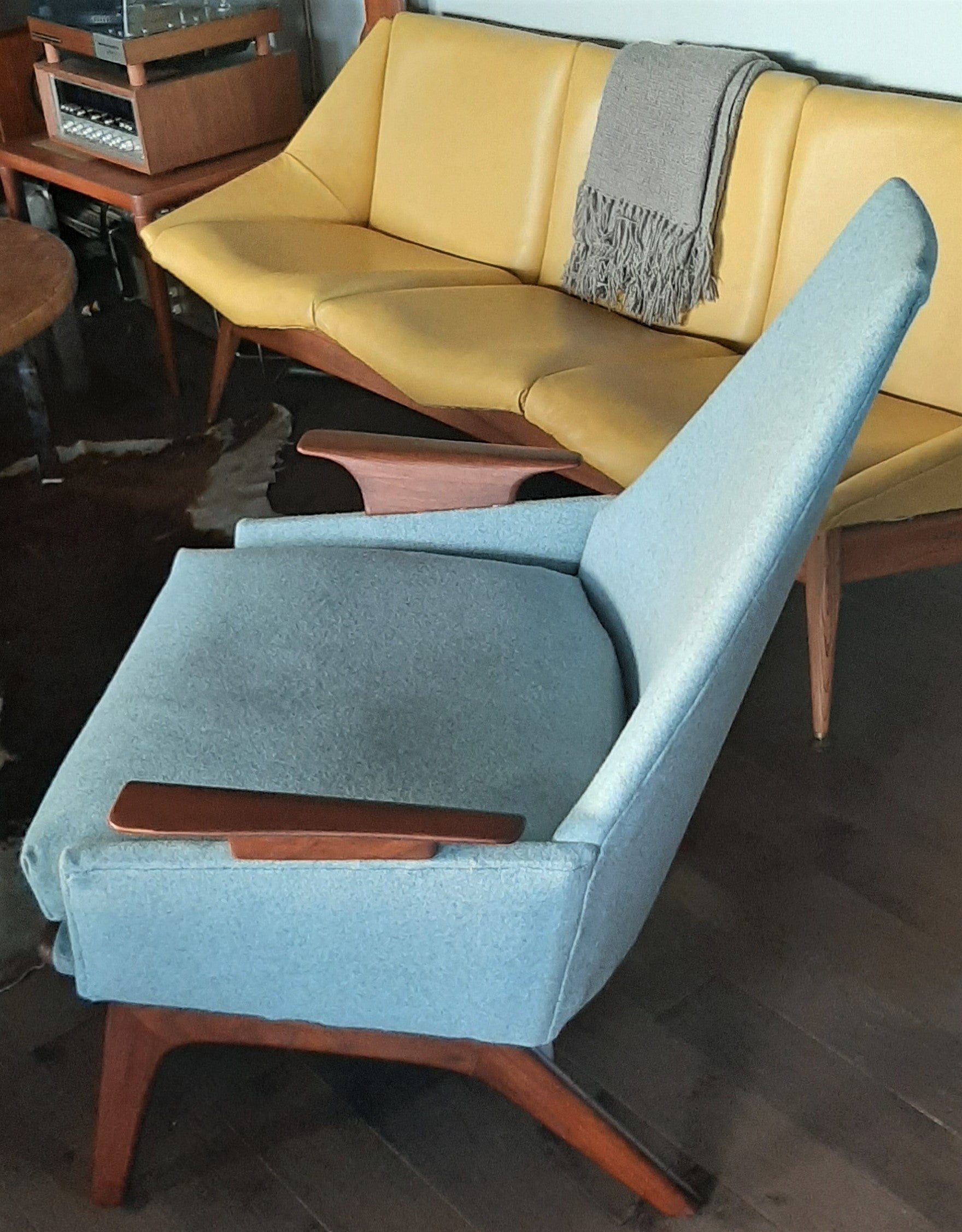 REFINISHED REUPHOLSTERED Adrian Pearsall style Lounge Chair in walnut & blue wool, perfect - Mid Century Modern Toronto