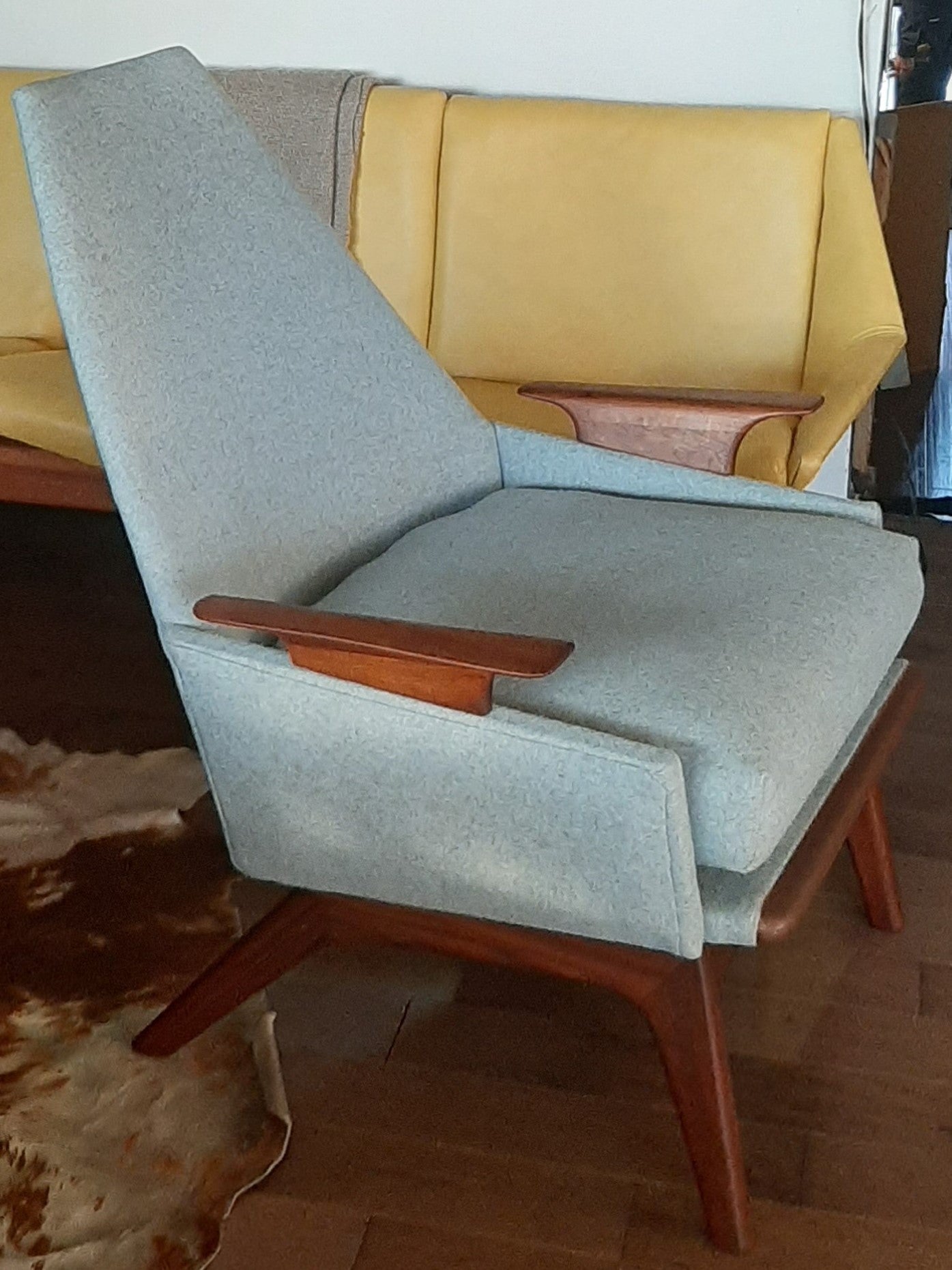 REFINISHED REUPHOLSTERED Adrian Pearsall style Lounge Chair in walnut & blue wool, perfect - Mid Century Modern Toronto