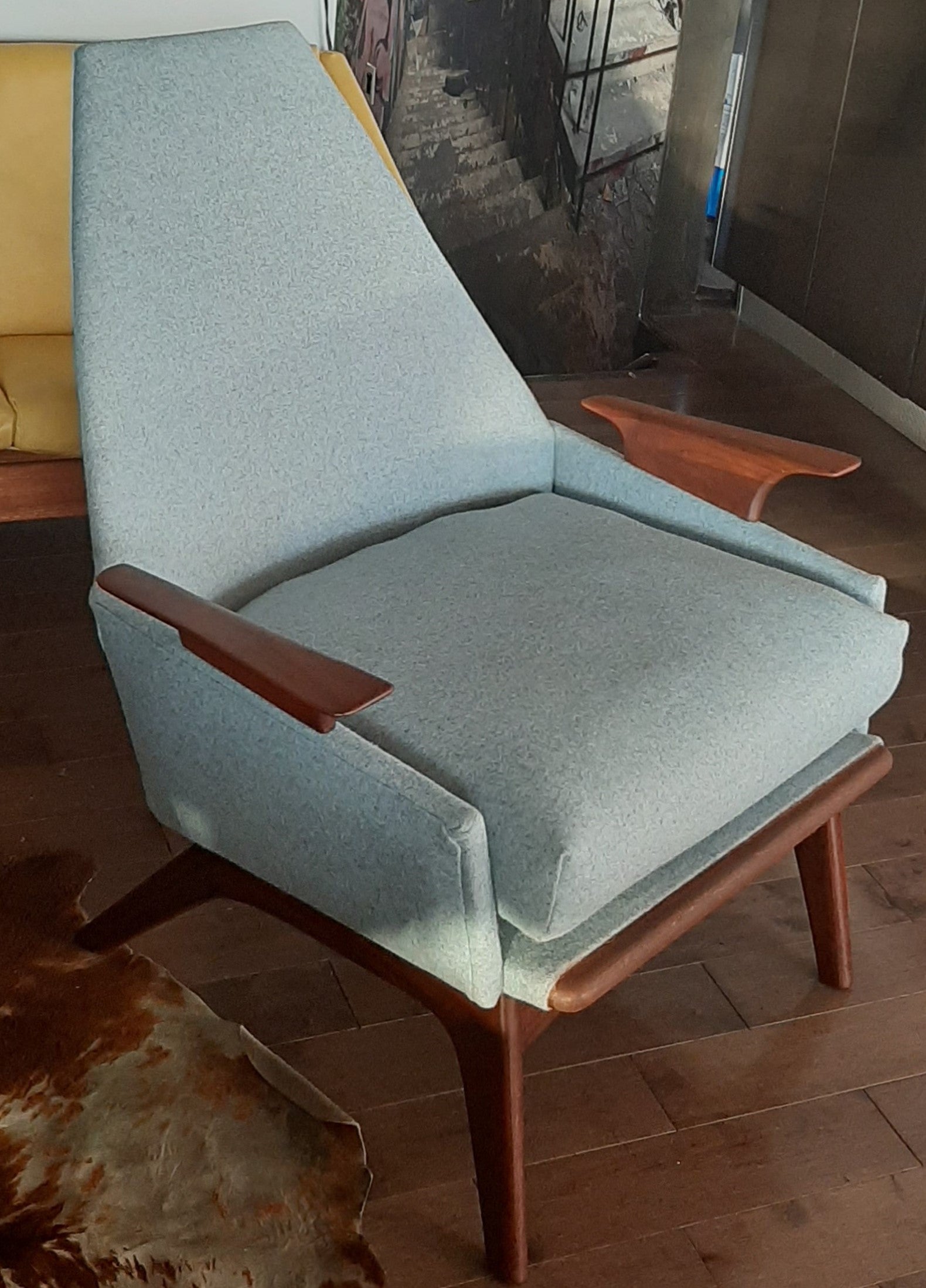 REFINISHED REUPHOLSTERED Adrian Pearsall style Lounge Chair in walnut & blue wool, perfect - Mid Century Modern Toronto