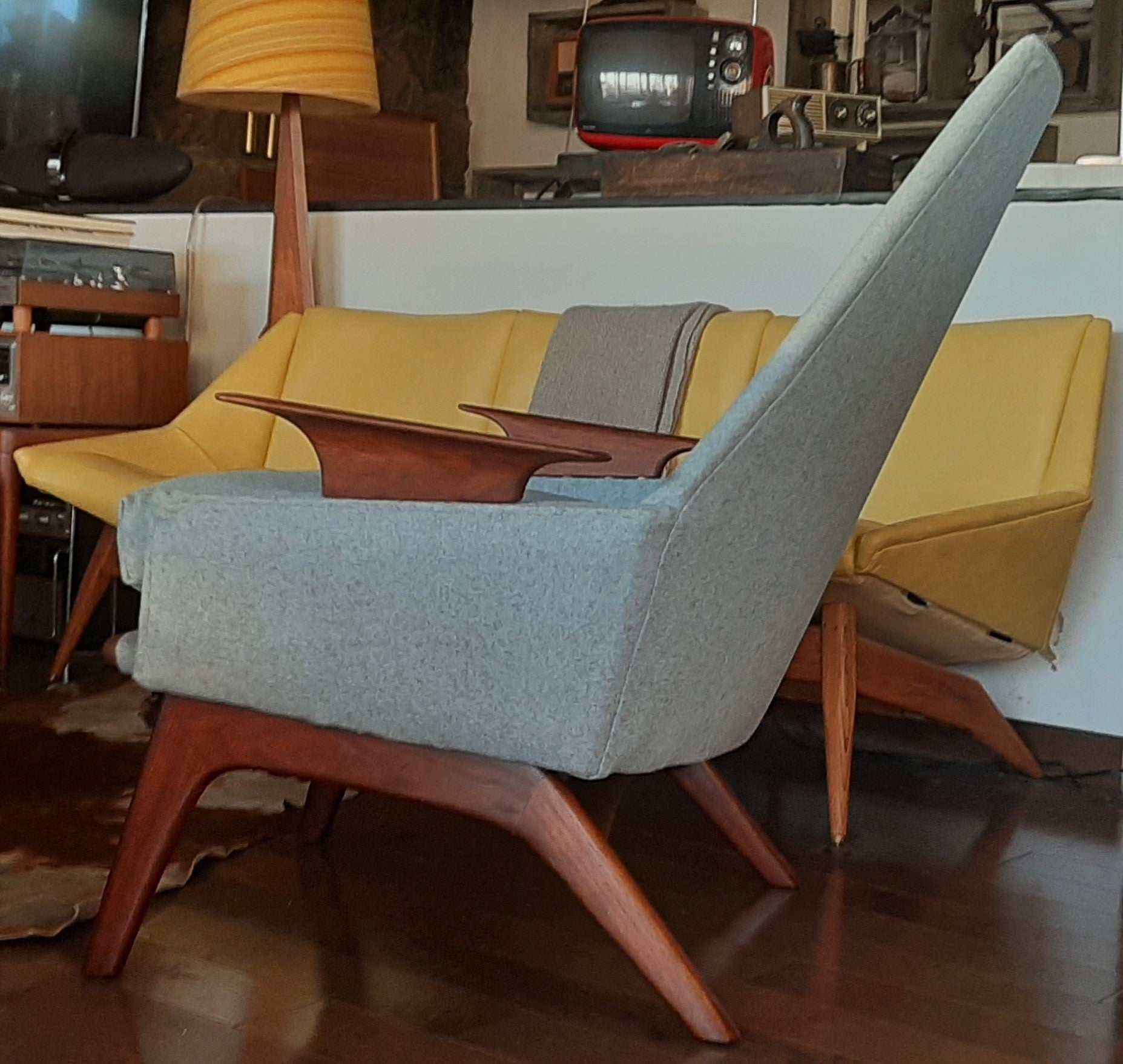 REFINISHED REUPHOLSTERED Adrian Pearsall style Lounge Chair in walnut & blue wool, perfect - Mid Century Modern Toronto