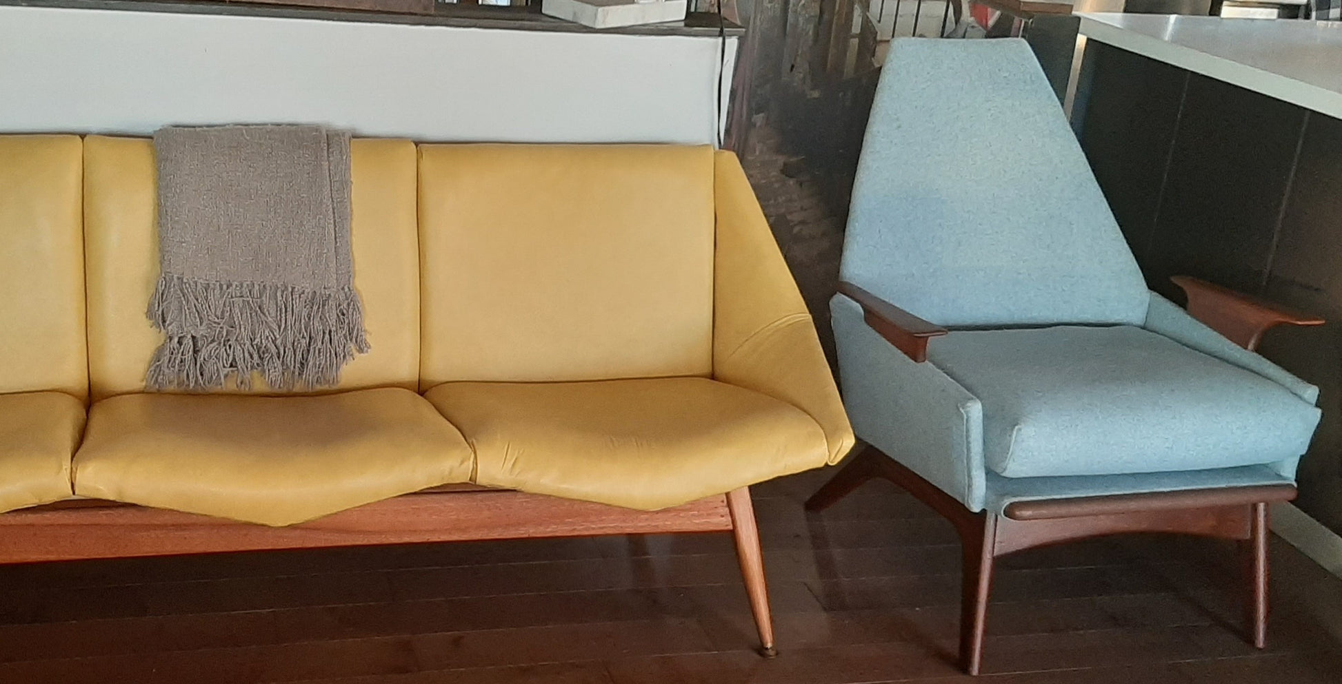 REFINISHED REUPHOLSTERED Adrian Pearsall style Lounge Chair in walnut & blue wool, perfect - Mid Century Modern Toronto