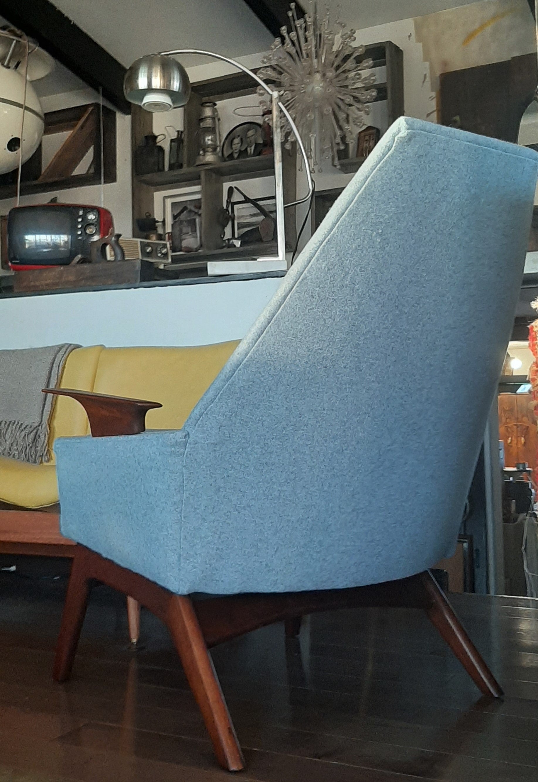 REFINISHED REUPHOLSTERED Adrian Pearsall style Lounge Chair in walnut & blue wool, perfect - Mid Century Modern Toronto