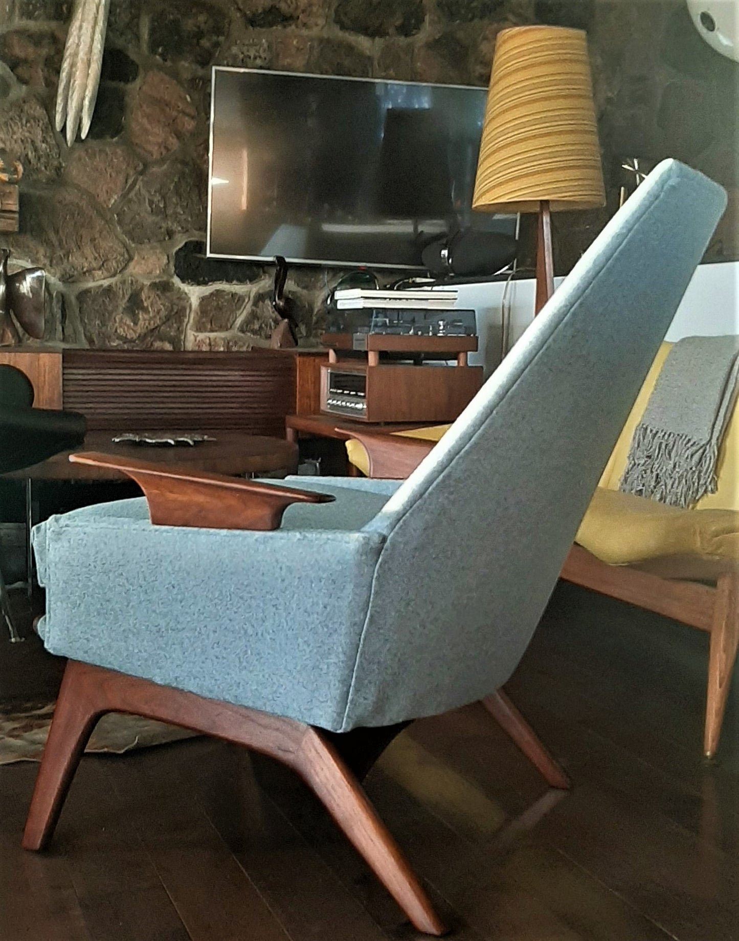 REFINISHED REUPHOLSTERED Adrian Pearsall style Lounge Chair in walnut & blue wool, perfect - Mid Century Modern Toronto